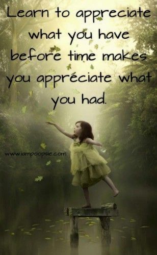 Learn to appreciate what you have before time makes you appreciate what you had.