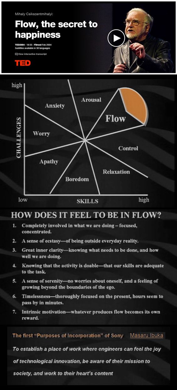 Flow, the secret to Happiness. Listen to the amazing TED Talk here.